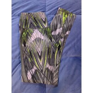 Zella Leggings Grey Neon Green Purple Ankle Mesh Zigzag Inner Pocket - Size M